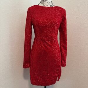 MainStrip NWT Red Sequin Mini Dress Long Sleeve Open Back Size Small Cocktail